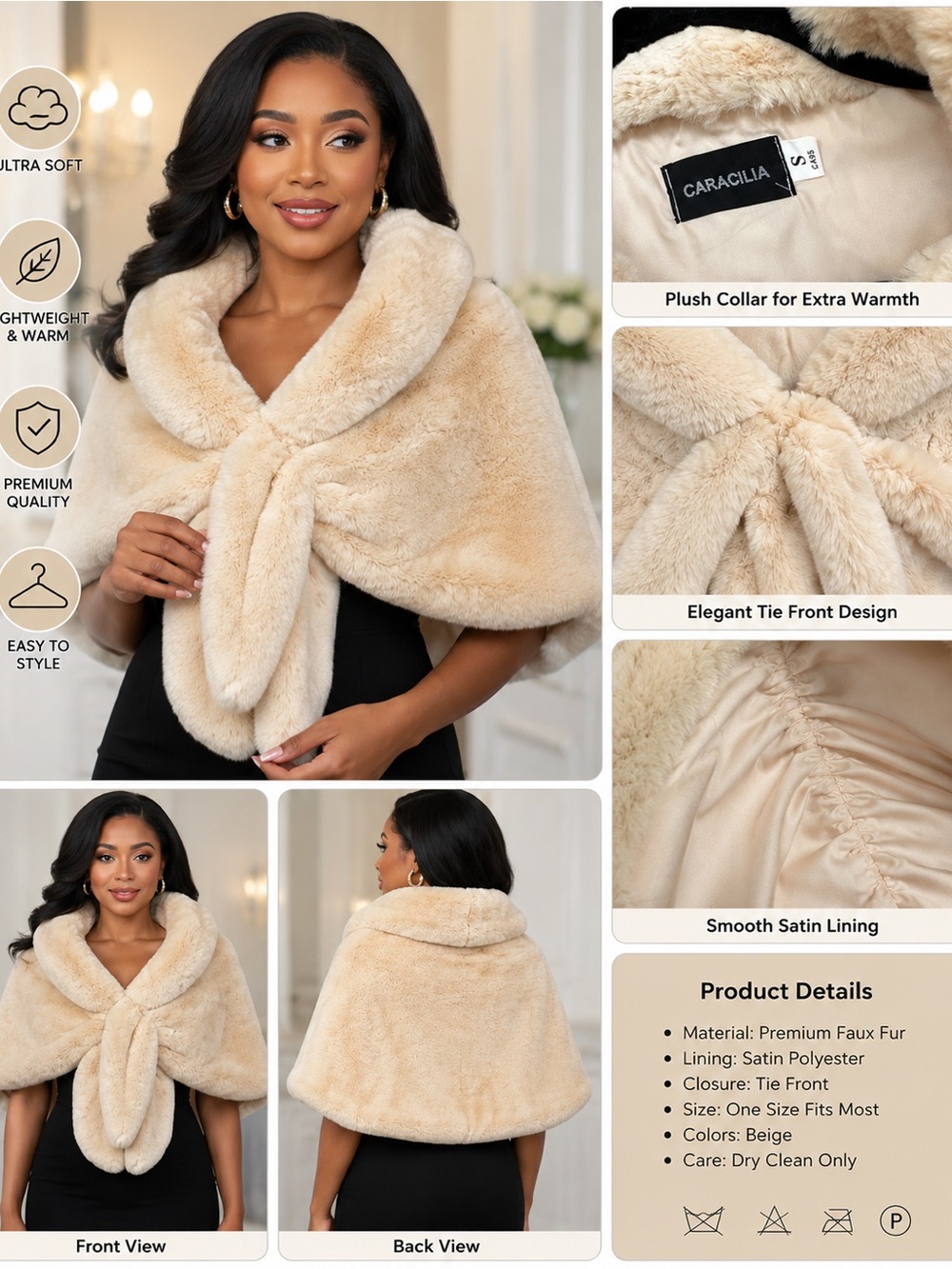 Caracilia Beige Faux Fur Bridal Shawl with Tie Front